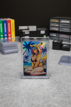 Colorful illustration of a character in a Pikachu costume with palm trees and beach in the background.