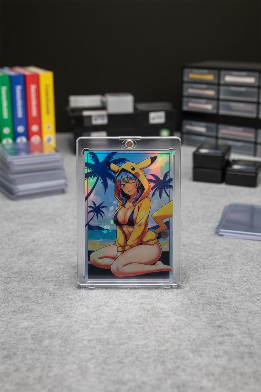 Colorful illustration of a character in a Pikachu costume with palm trees and beach in the background.