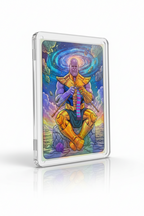 Colorful illustration of a character sitting on a rock with a cosmic background