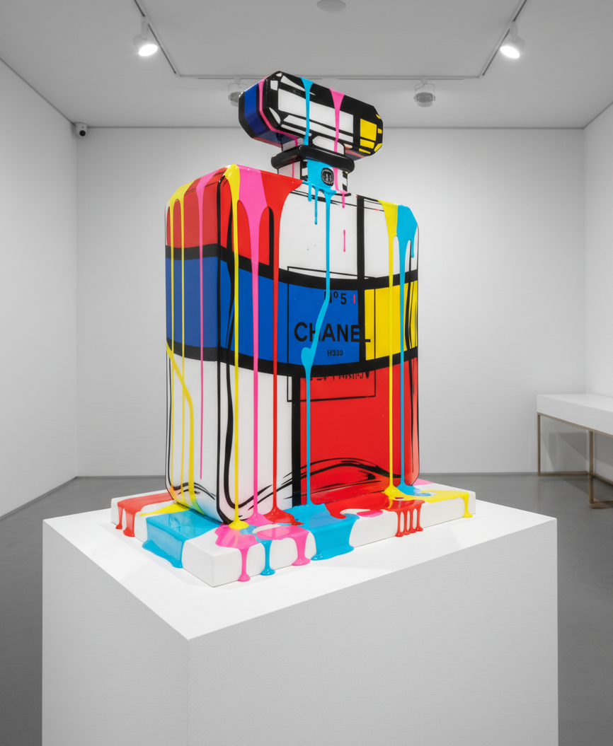 Colorful Chanel sculpture in a gallery setting by Mr. Clever Art circa 2022.