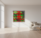 Abstract pattern with red, green, and black shapes on a textured background