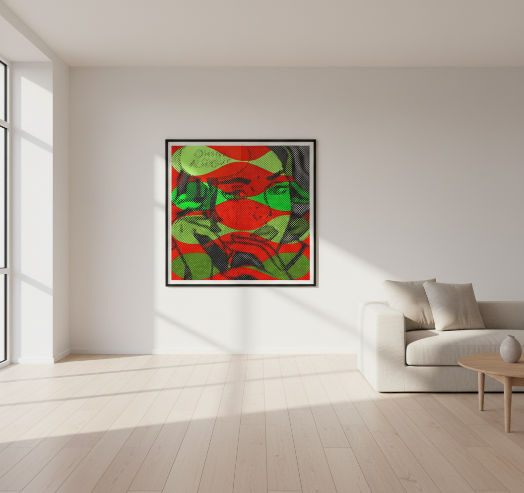 Abstract pattern with red, green, and black shapes on a textured background