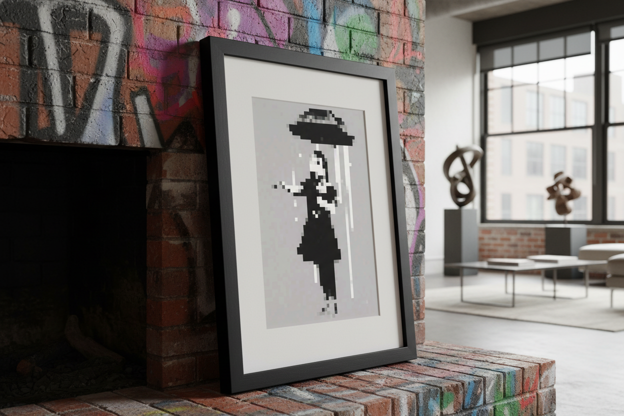 Pop Pixels Umbrella Figure Street Art Black White Pixel Art Print