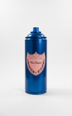 Blue spray can with a pink label on a white background, sculpture by Mr. Clever Art.
