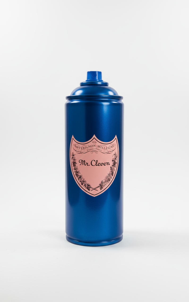 Blue spray can with a pink label on a white background, sculpture by Mr. Clever Art.