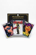A Mr. Clever Art limited edition card pack containing three illustrated cards in clear plastic sleeves, displayed against a clean white background.