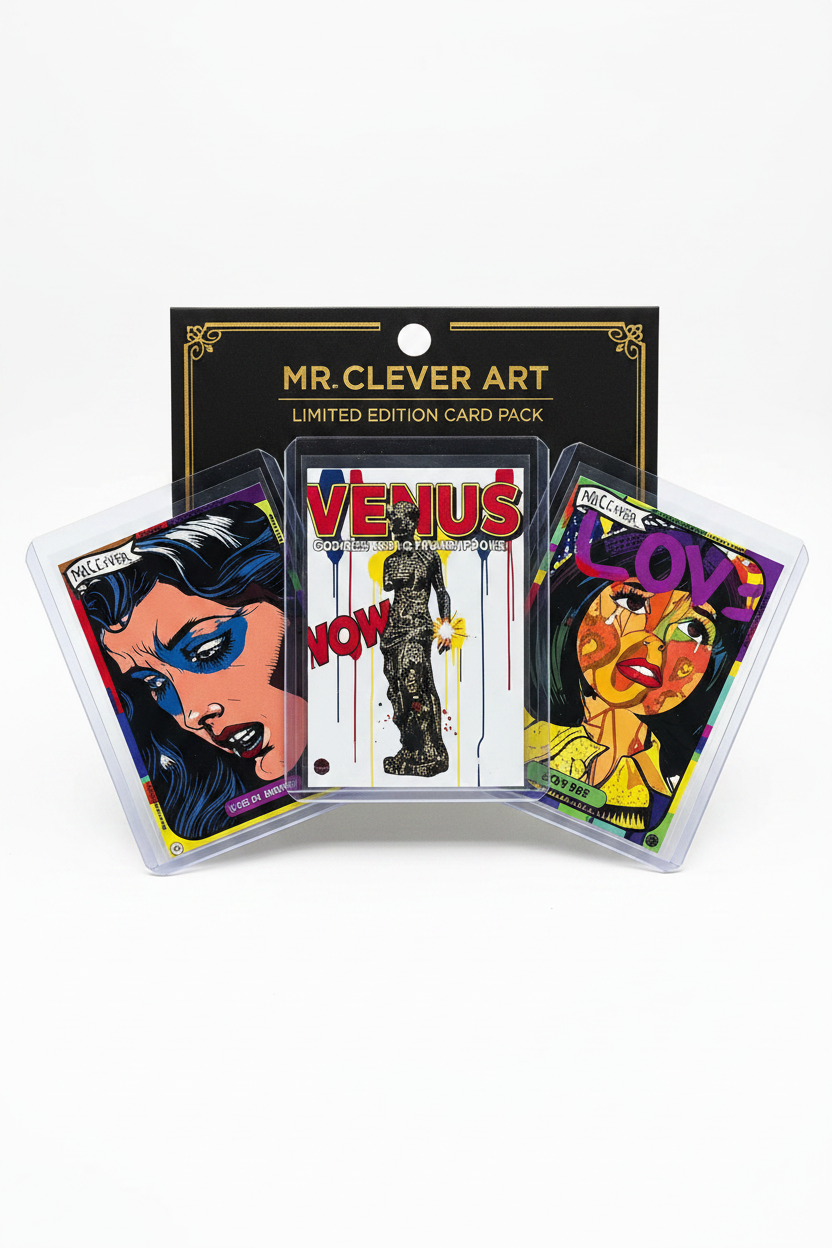A Mr. Clever Art limited edition card pack containing three illustrated cards in clear plastic sleeves, displayed against a clean white background.