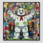 Cartoon character with green goo on a colorful, graffiti-style background. Artwork by Mr. Clever Art.