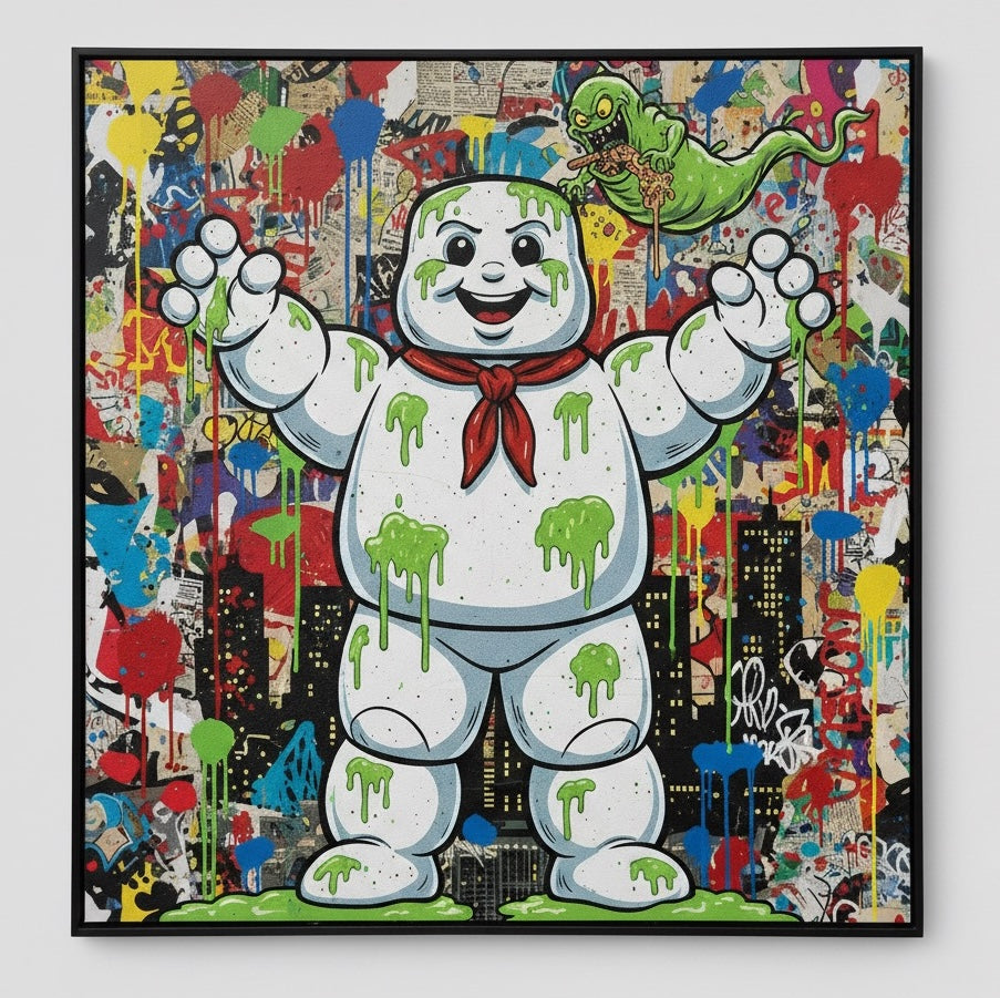 Cartoon character with green goo on a colorful, graffiti-style background