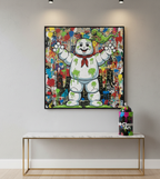 Colorful abstract painting of a cartoon character on a wall above a marble table.