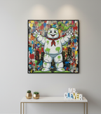 Colorful artwork of a cartoon character on a wall above a small table with decorative items.