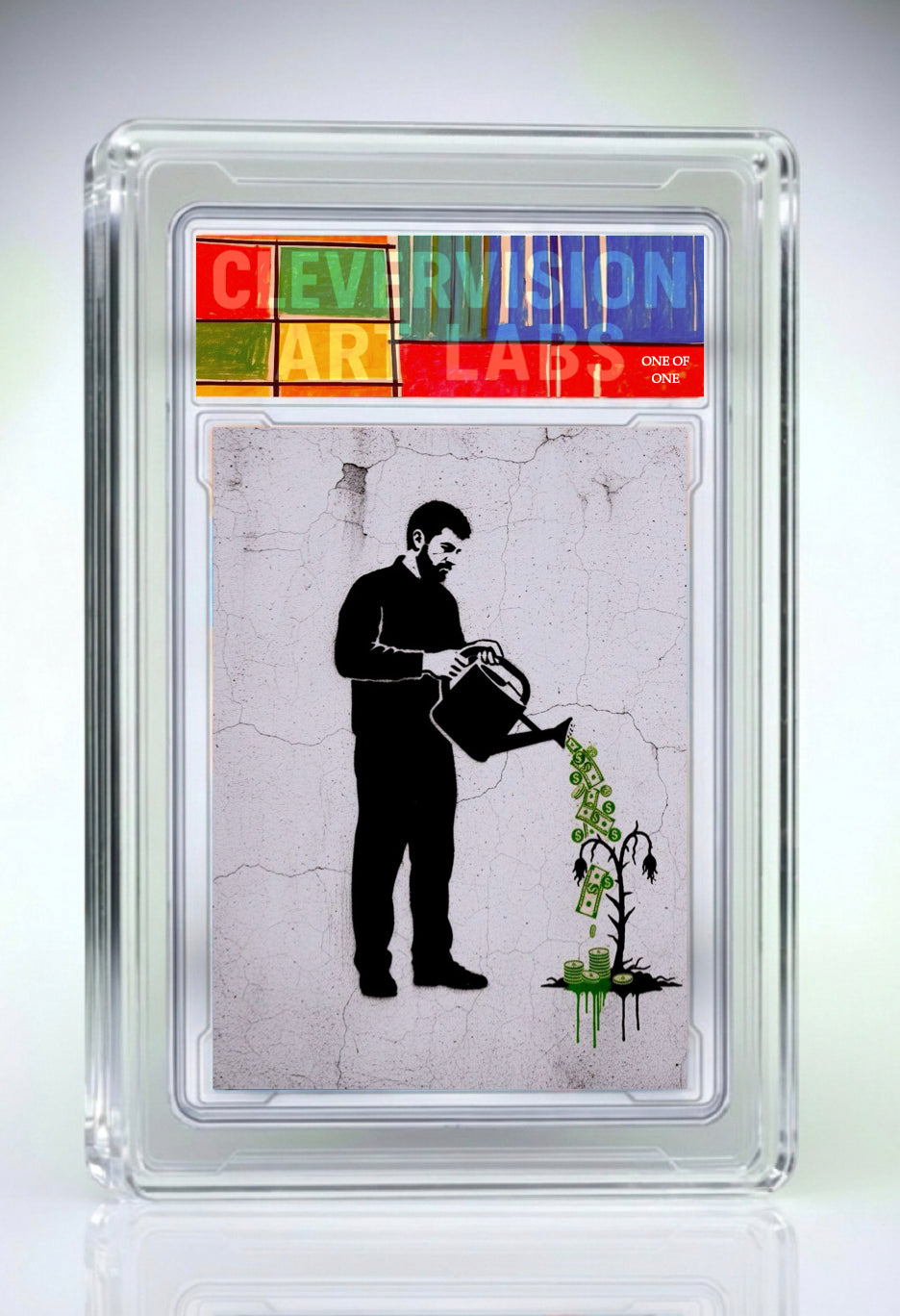 Stylized artwork of a person watering a plant on a card with 'Banksy' branding.