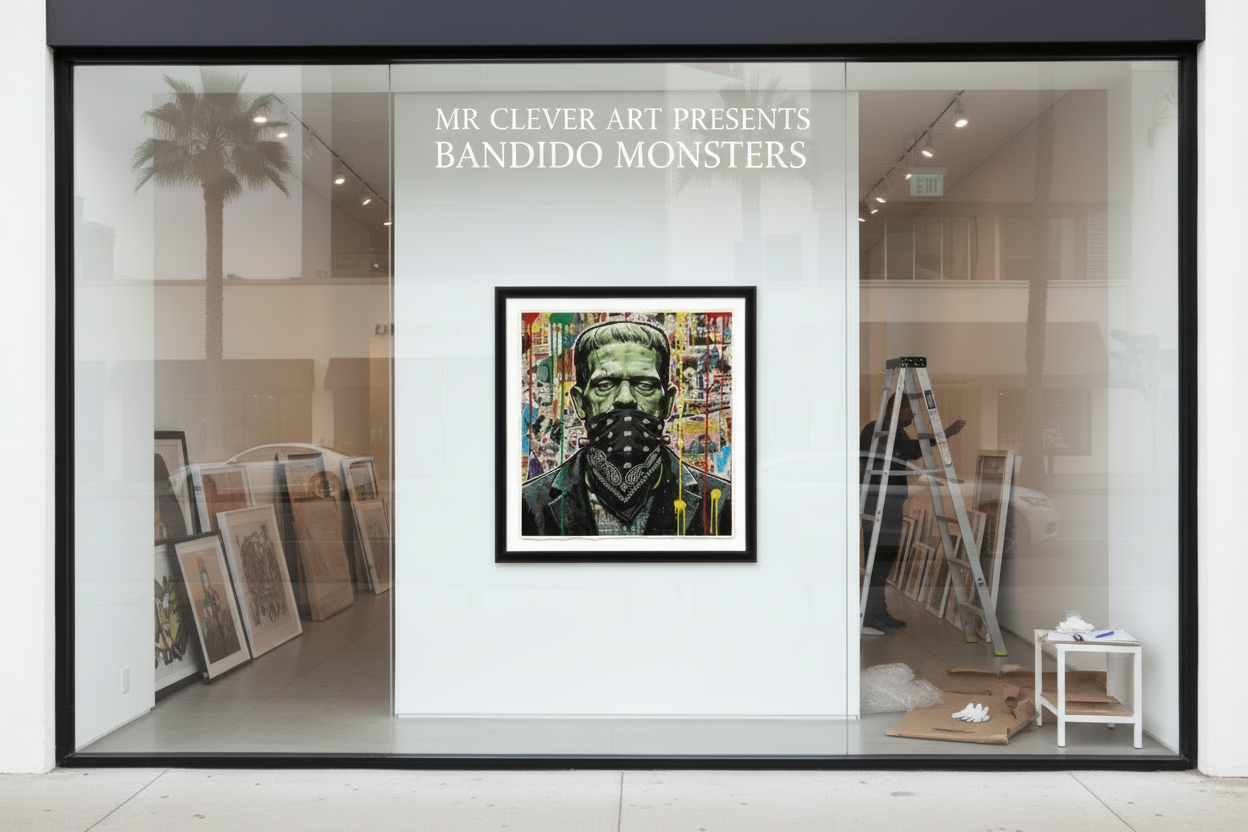 Art gallery window displaying a framed artwork titled 'Bandido Monsters' by Mr. Clever Art.