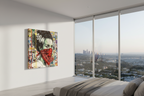 Modern bedroom with a large cityscape view through a window and a colorful painting on the wall.