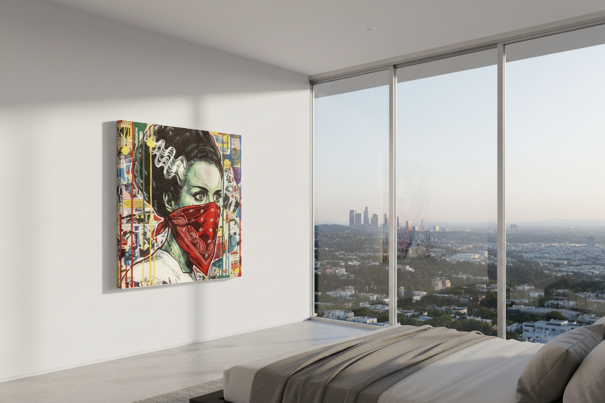 Modern bedroom with a large cityscape view through a window and a colorful painting on the wall.