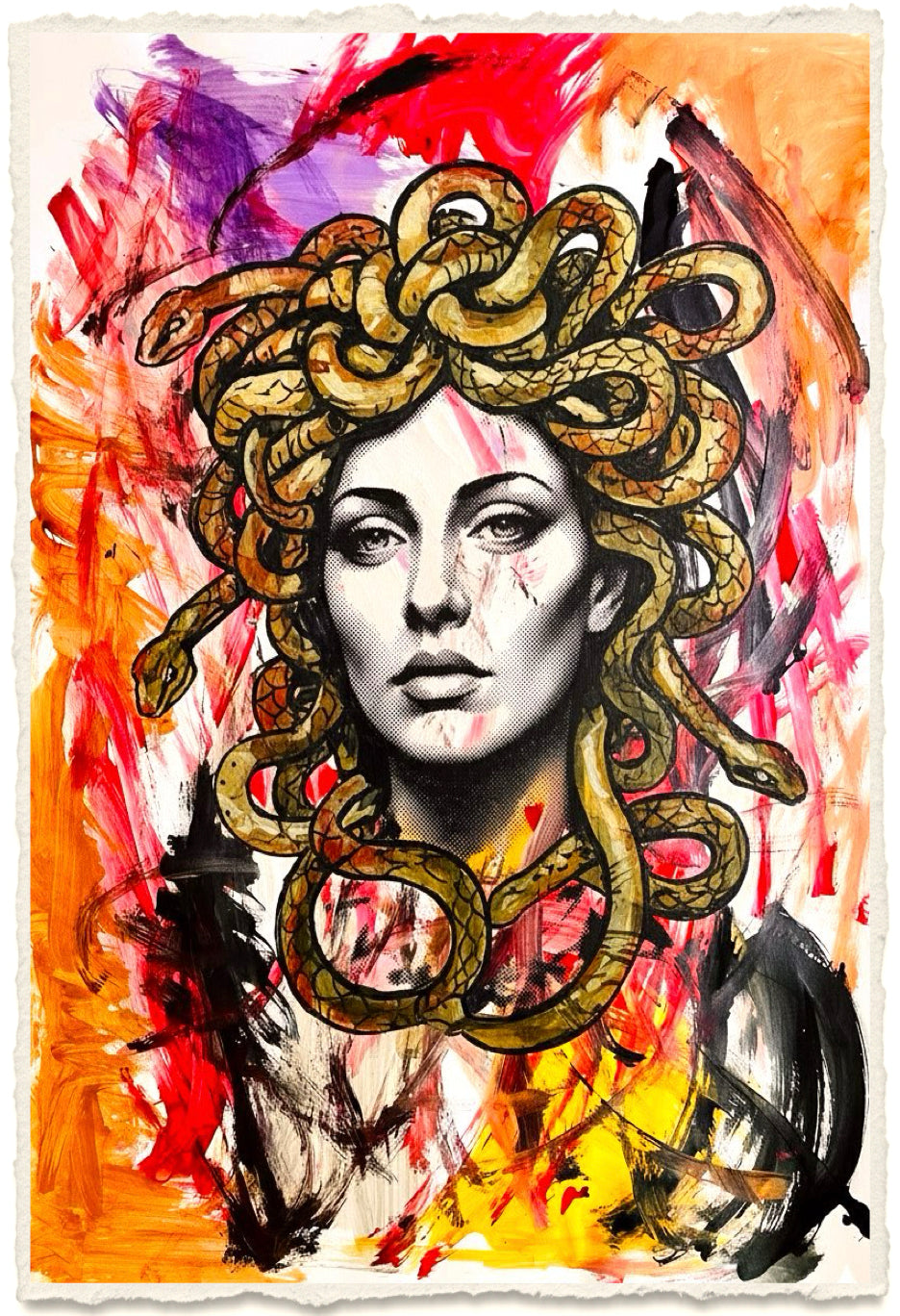 Medusa Serpent Goddess Wall Art Print on 1970s Vintage French Paper