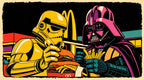 Illustration of a stormtrooper and Darth Vader eating McDonald's food with a stylized cityscape background.