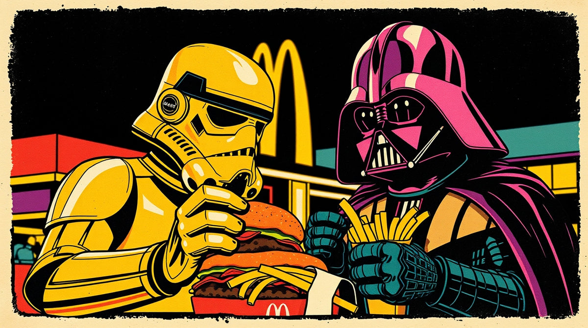 Illustration of a stormtrooper and Darth Vader eating McDonald's food with a stylized cityscape background.