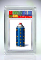 Collectible card with a blue spray paint can design on a white background