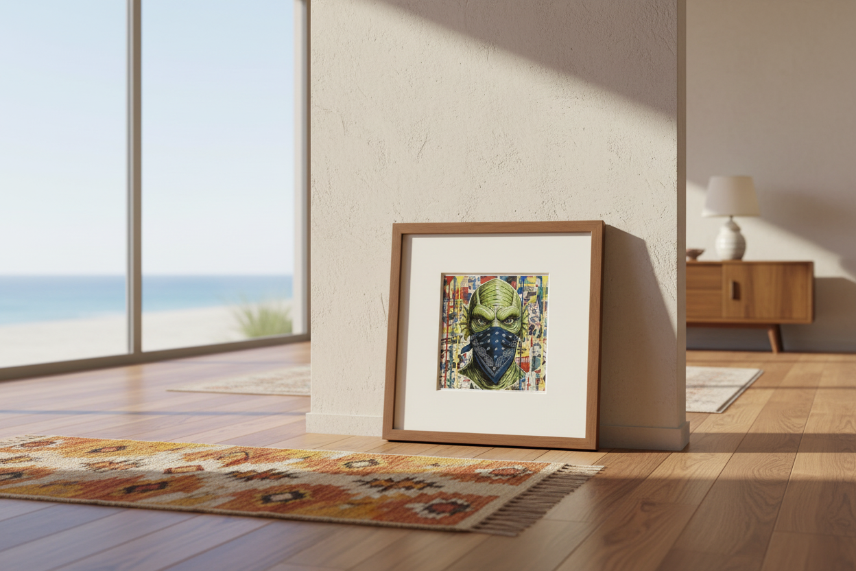 Street Art Alien Bandana Collage Gouache Painting on 70 Year Old French Paper