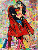 Superman and Wonder Woman embracing on a colorful abstract background