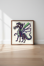 The Fire Dragon art print in slim walnut frame leaning against white wall on hardwood floor — Mr. Clever Art 12x12 vintage French paper 1/1 original