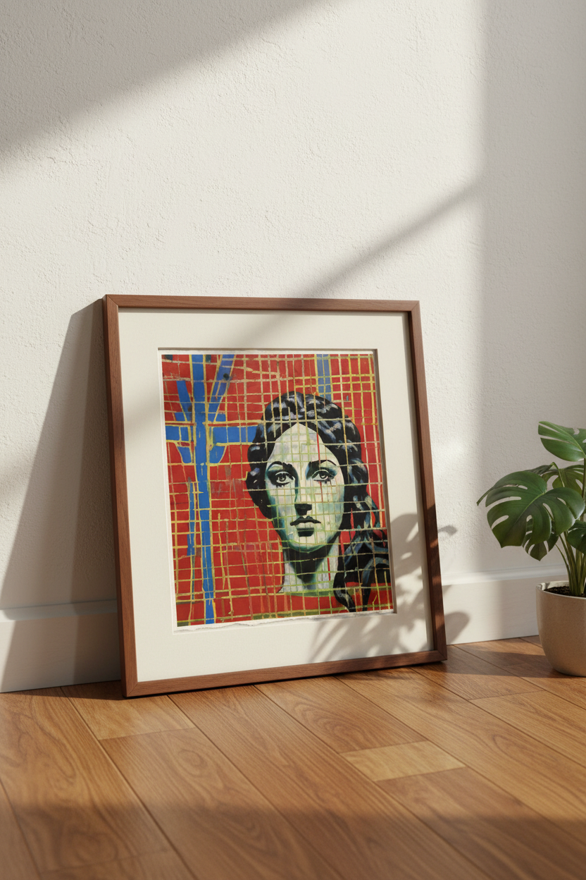 Framed 12x12 mosaic portrait art leaning against wall on wood floor, mid-century walnut frame, luxury paper abstract collectible square print
