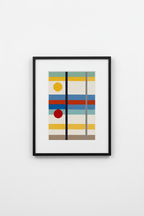 Framed geometric abstract art print with horizontal stripes and circles in modern black frame