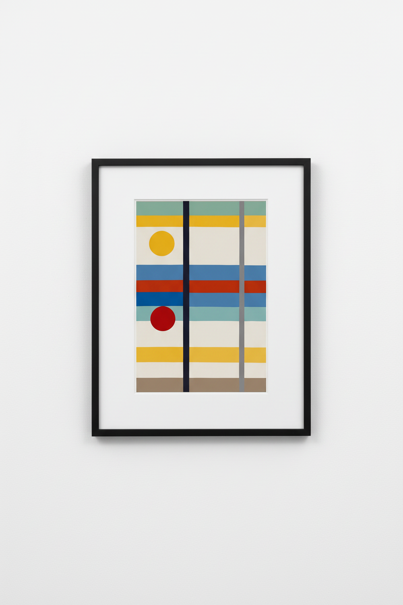 Framed geometric abstract art print with horizontal stripes and circles in modern black frame