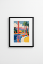 Framed mid-century poolside art print with modern black frame