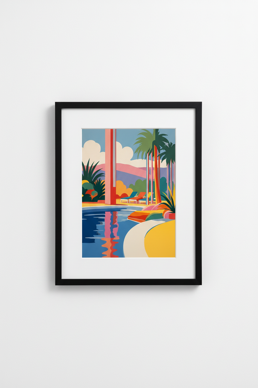 Framed mid-century poolside art print with modern black frame