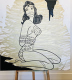 Black line drawing of a superheroine on a textured white background