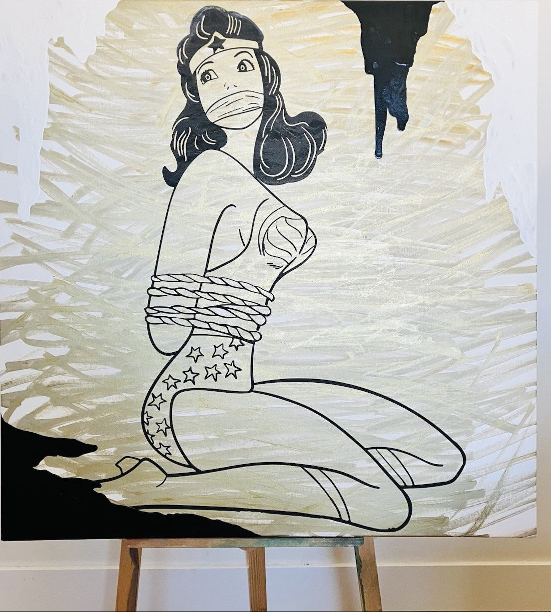 Black line drawing of a superheroine on a textured white background