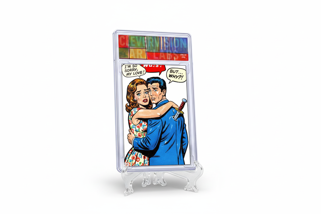 Vintage Romance Comic acrylic card slab displayed on clear stand