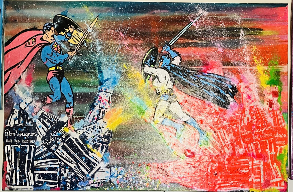 Collage art featuring superhero characters with a colorful abstract background