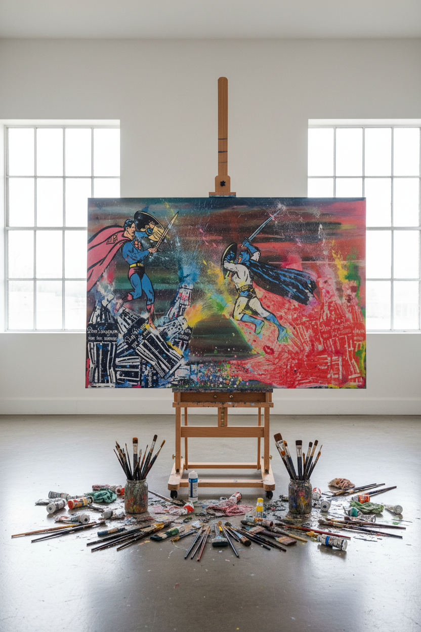 A large colorful canvas painting on an easel in a bright studio, showing a comic-style battle scene. Paintbrushes and paint containers are scattered on the floor around the easel.
