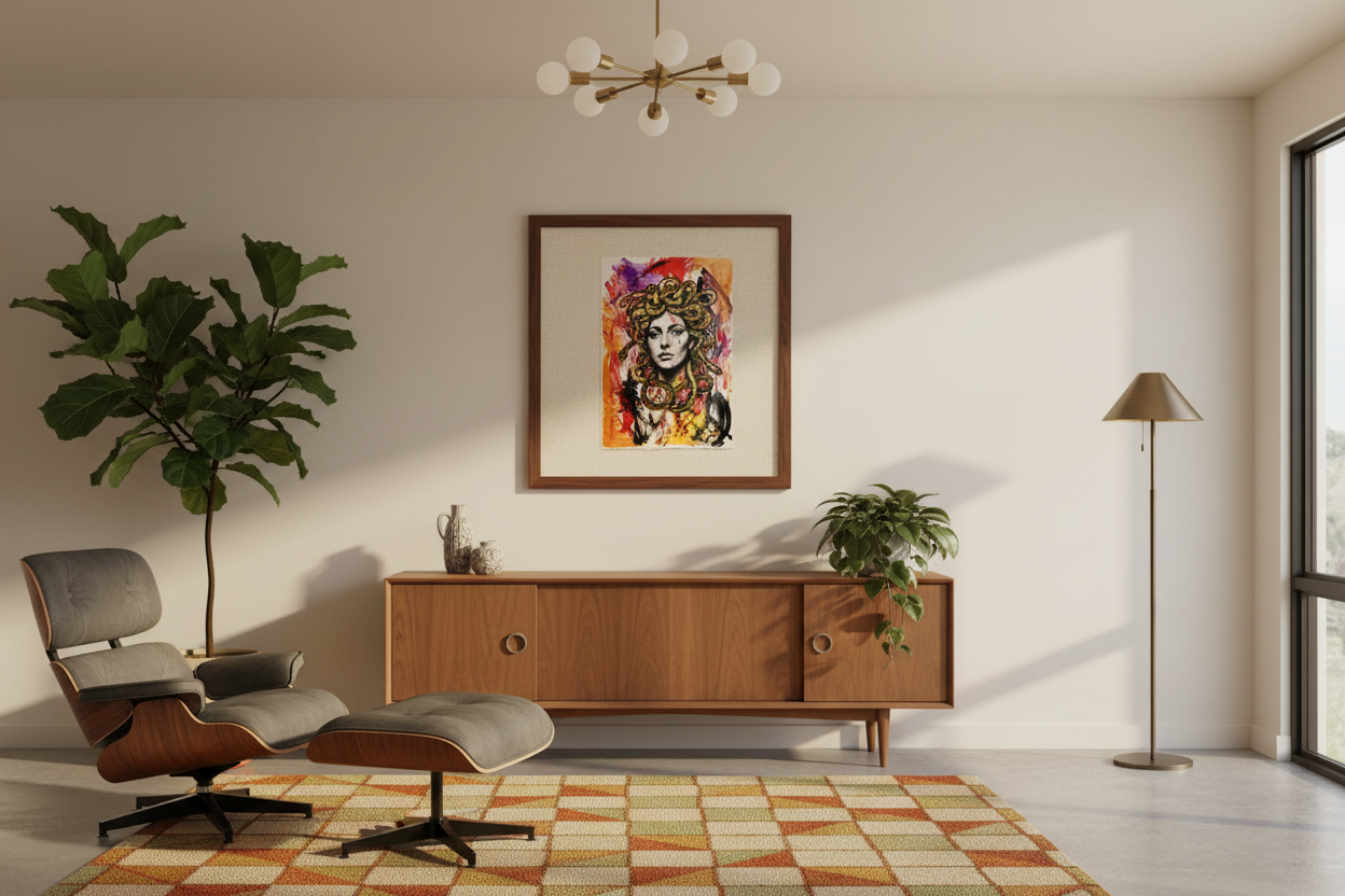 Framed Medusa artwork hanging on mid-century modern living room wall, small walnut frame with cream mat around 13x19 print, vintage 1960s interior design with Eames chairs, credenza, geometric rug, plants
