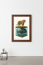Tiger Island Submerged Dreams framed art print - surrealist Bengal tiger on island above vintage Volkswagen Beetle in water - 1950s French paper collectible by Mr Clever Art - museum quality wall art