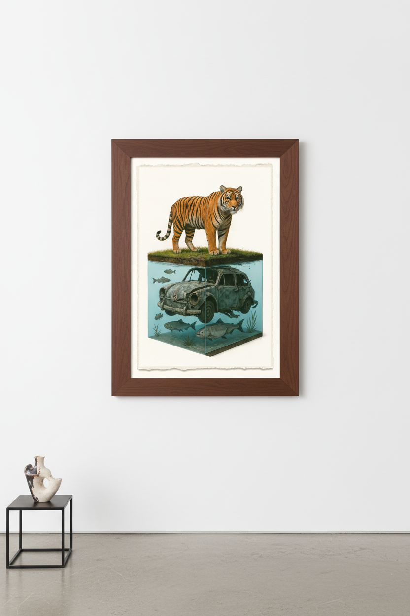Tiger Island Submerged Dreams framed art print - surrealist Bengal tiger on island above vintage Volkswagen Beetle in water - 1950s French paper collectible by Mr Clever Art - museum quality wall art