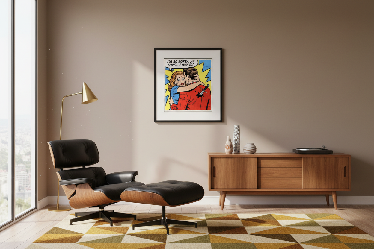 Pop art couple wall art mid century modern interior Eames chair 12x12 luxury paper print retro decor vintage comic Los Angeles