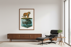 Tiger Island Submerged Dreams art print displayed in walnut frame on gallery wall - mid-century modern interior with Eames chair and teak credenza - vintage French paper surrealist artwork by Mr Clever Art