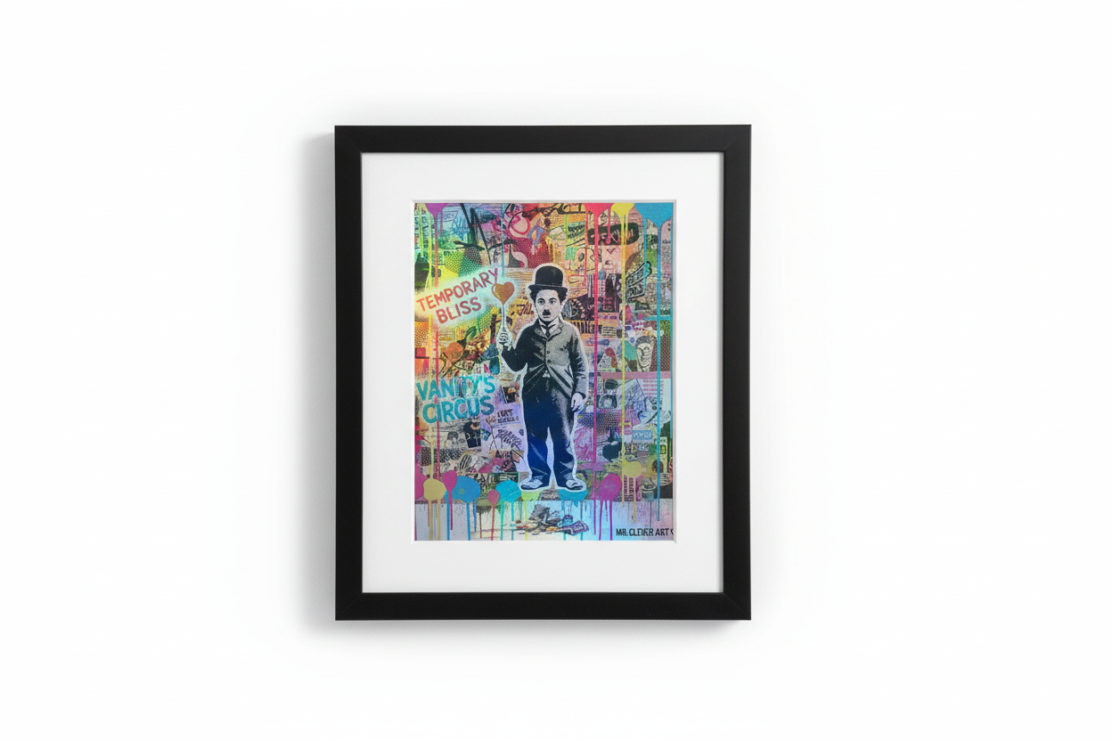 Charlie Chaplin street art holographic print in contemporary black frame