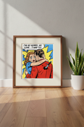 Framed 12x12 pop art couple wall art leaning against wall wood floor mid century walnut frame luxury paper collectible square