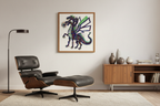 The Fire Dragon art print in teak frame hung in mid-century modern living room — Mr. Clever Art 1/1 original dragon mythology street art collectible