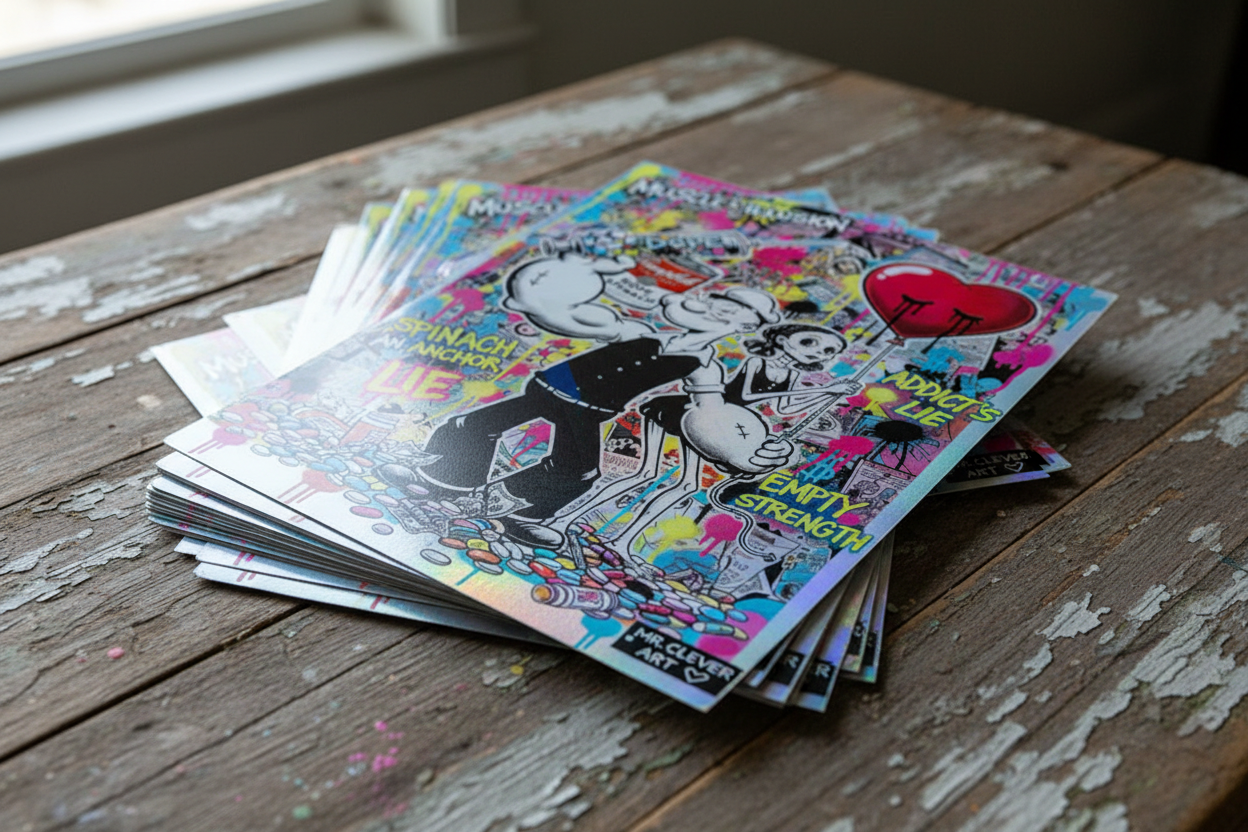 Stack of Popeye holographic prints on vintage wood table