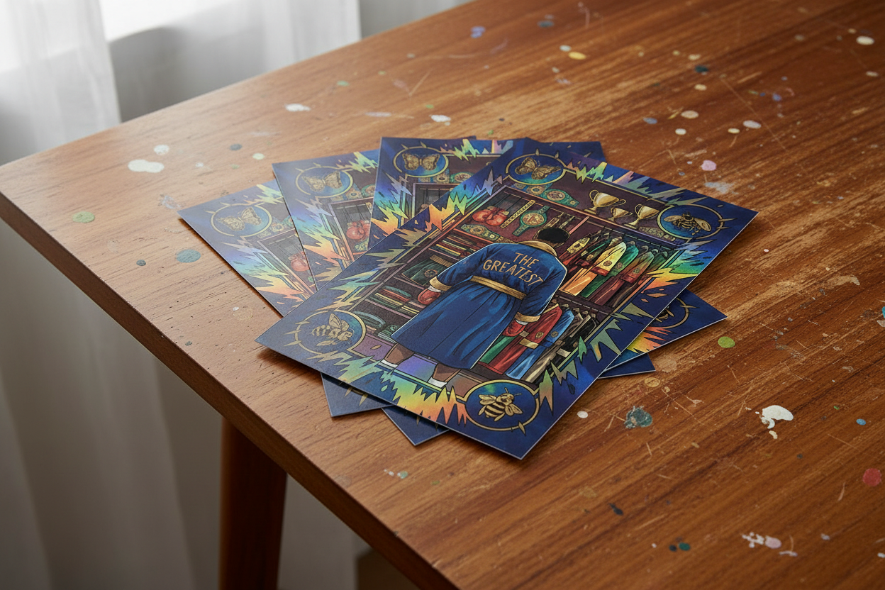 Stack of holographic boxing champion prints with shimmering finish