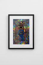 Framed holographic boxing champion print in modern black frame