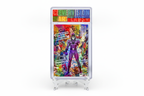 Purple superhero collage acrylic card slab displayed on clear stand