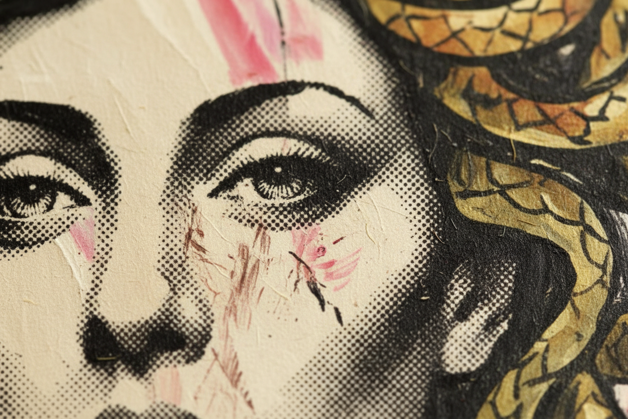 Extreme close-up detail of Medusa artwork showing authentic 1970s French Rives paper texture, visible brushstrokes, layered gouache paint, aged paper fibers, vintage patina, macro photography highlighting craftsmanship