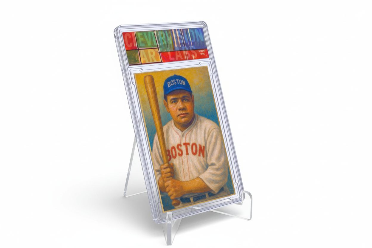 Boston Baseball Player acrylic card slab displayed on clear stand
